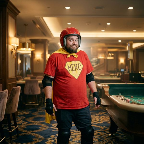 Bearded hero mascot posing on casino floor