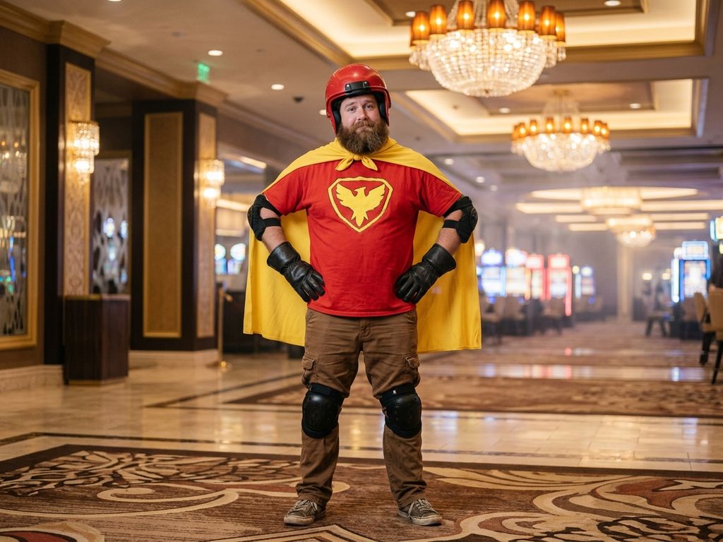 Reluctant hero mascot on polished casino floor beneath amber chandeliers