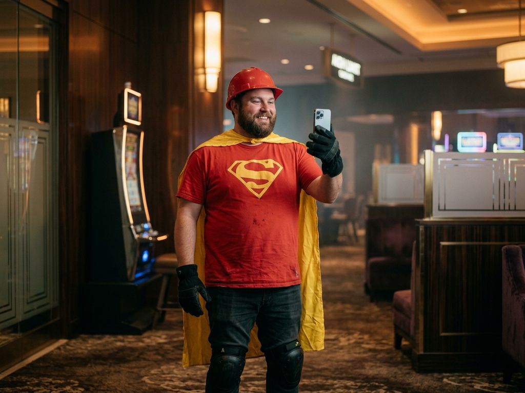 Bearded hero mascot holding smartphone at casino lounge