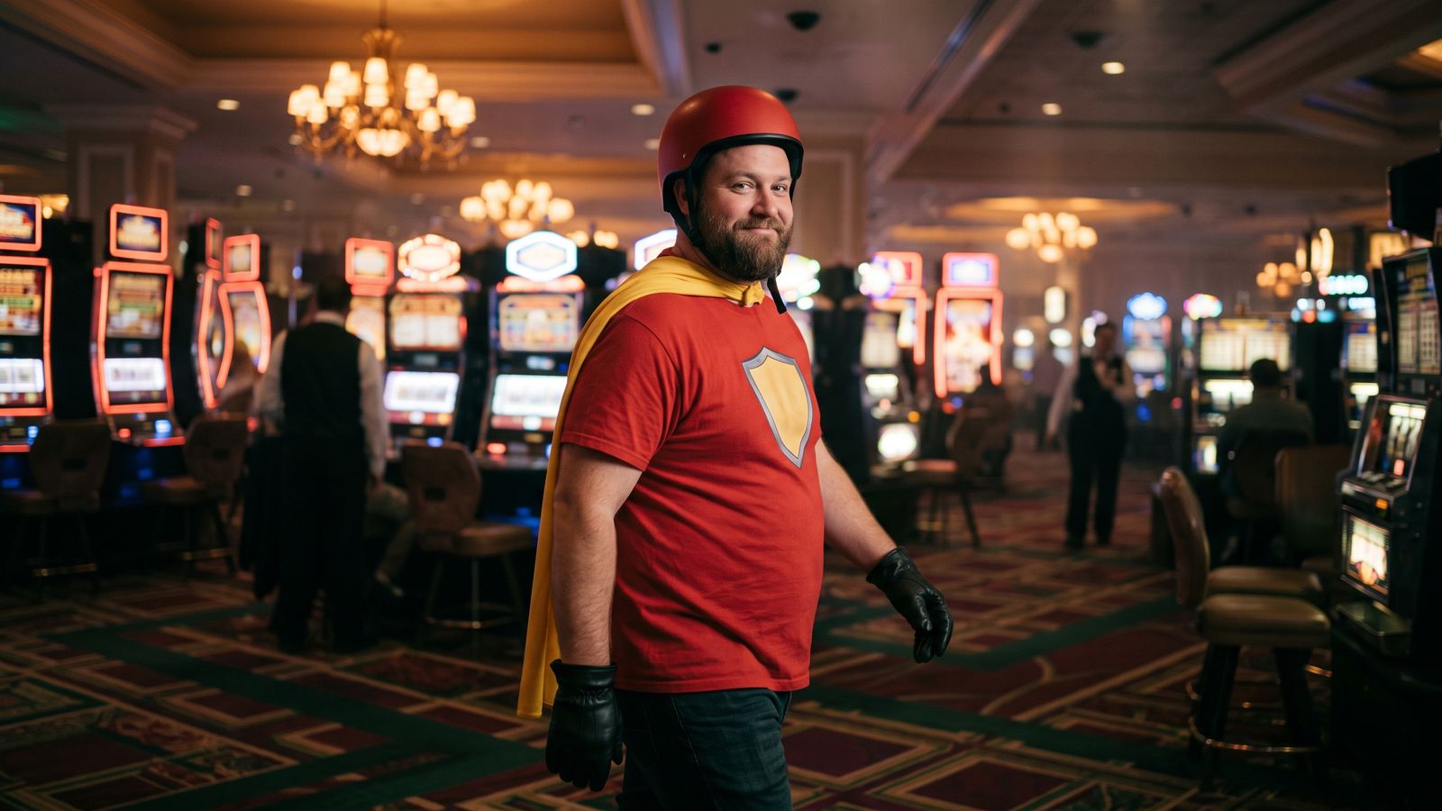 Bearded hero mascot standing amid slot machines